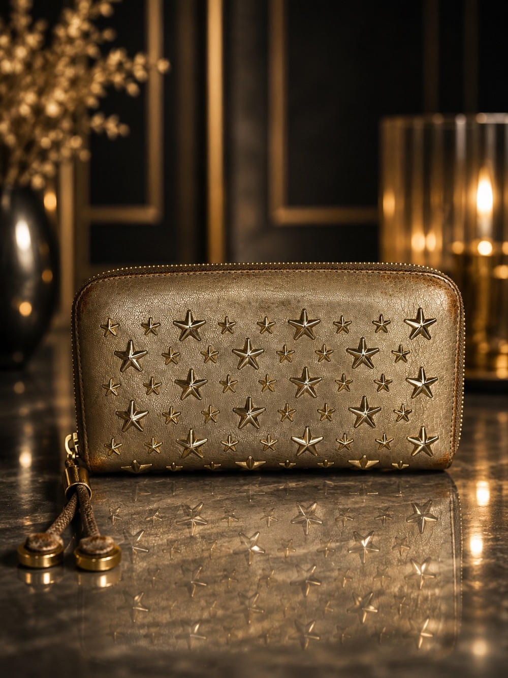 Jimmy Choo Gold Metallic Star Stud Zip Around Wallet | Authenticity Card